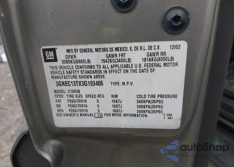 2003 Chevrolet Avalanche 1500 из США, поврежденный, VIN 3GNEC13TX3G193466